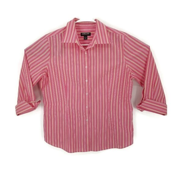 Kirkland Signature Womens Button Front Shirt Pink Stripe Stretch 3/4 Sleeve L - Picture 1 of 6